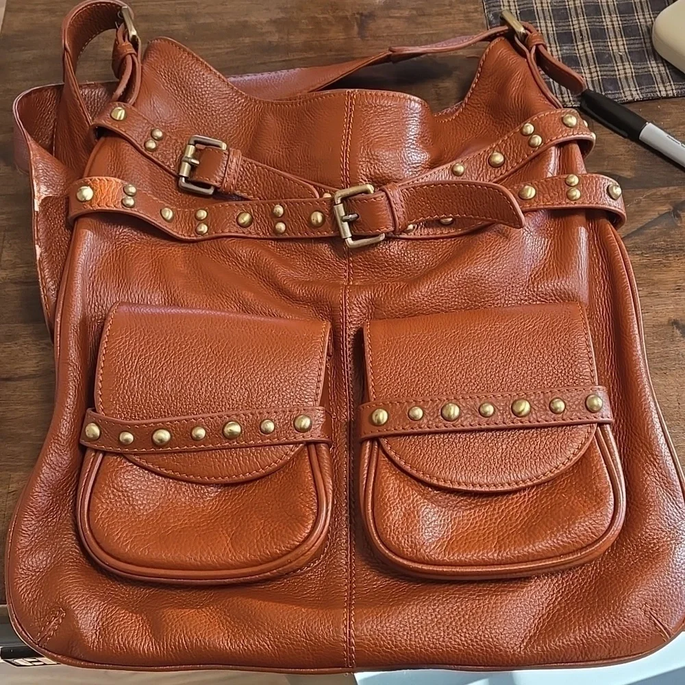 Leather Bucket Hobo Crossbody Chocolat Blu Brand Pebble Leather Gold Stud Detail